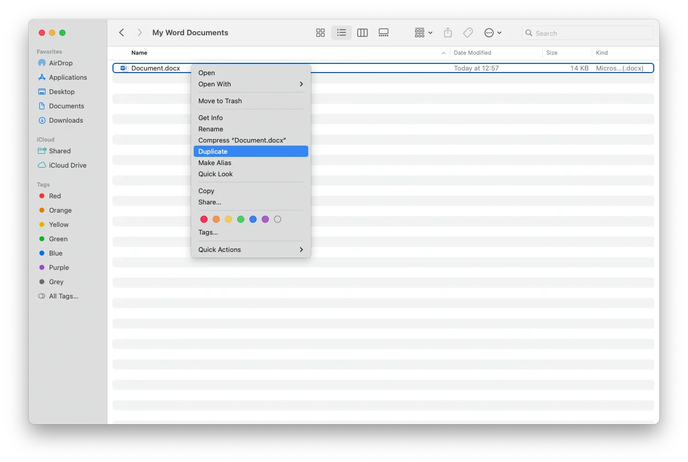 Option Duplizieren im Kontextmenü des Finders auf dem Mac
