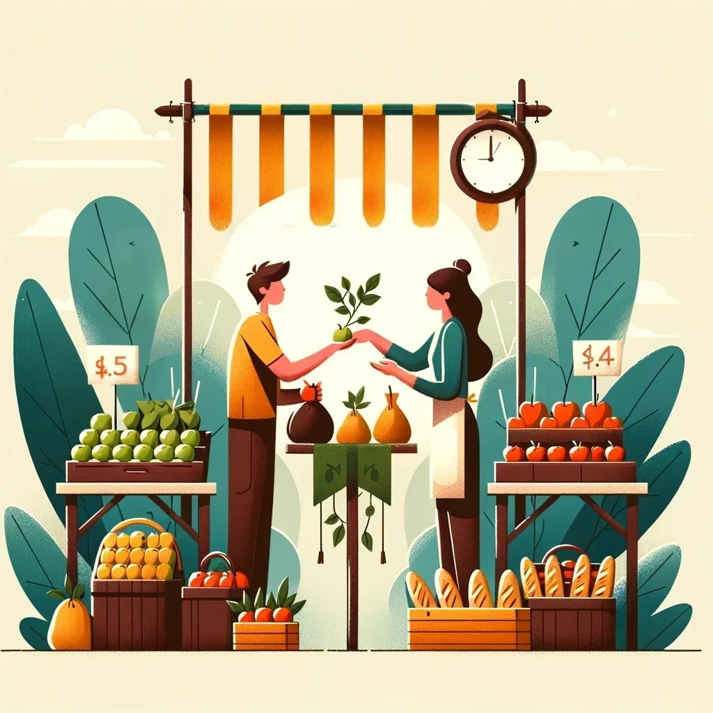 Two market vendors bartering in front of a low sun