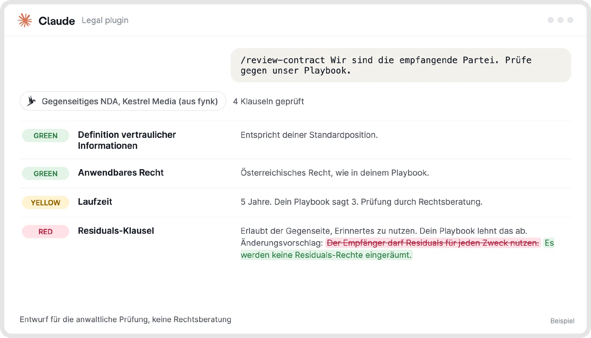 Beispiel: So sieht ein Ergebnis von /review-contract aus Beispiel eines /review-contract-Ergebnisses in Claude: vier NDA-Klauseln mit grüner, gelber oder roter Bewertung anhand des Playbooks und einem Änderungsvorschlag zur Klausel über verbleibendes Wissen