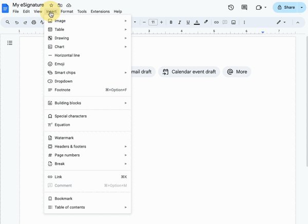 Creating a simple electronic signature in Google Docs Creating a simple electronic signature with Insert > Drawing in Google Docs