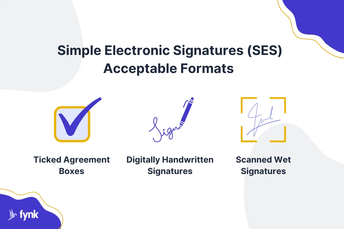 Common formats of simple electronic signatures Common formats of simple electronic signatures: ticked agreement box, digitally handwritten signature and scanned wet signature