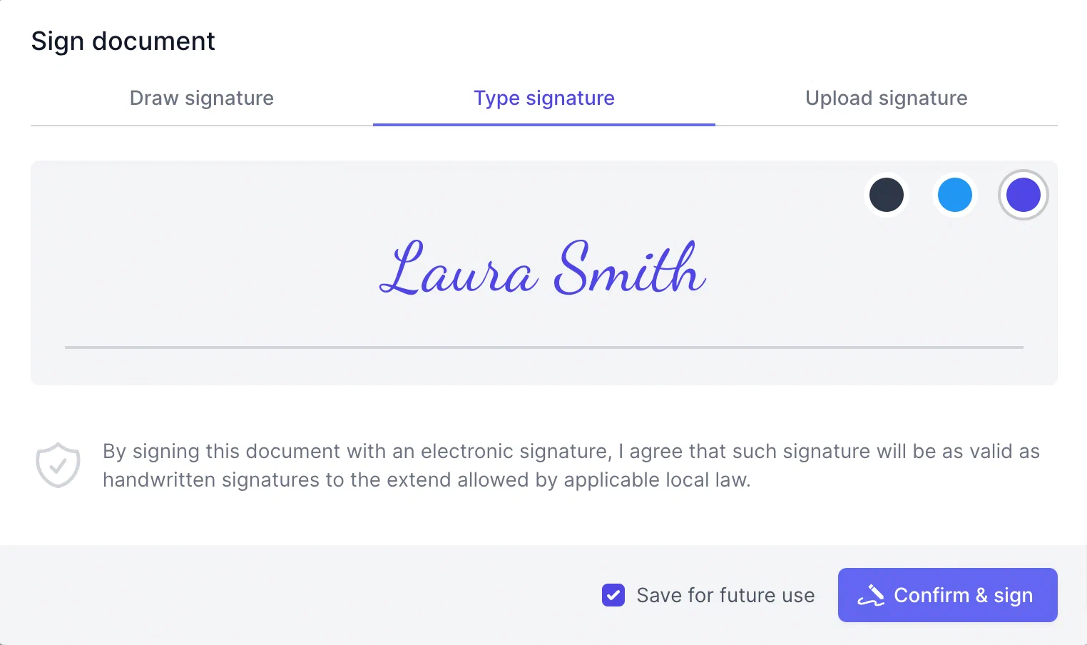 Simple electronic signature in fynk: type Typing a name as a signature in the fynk signing dialog