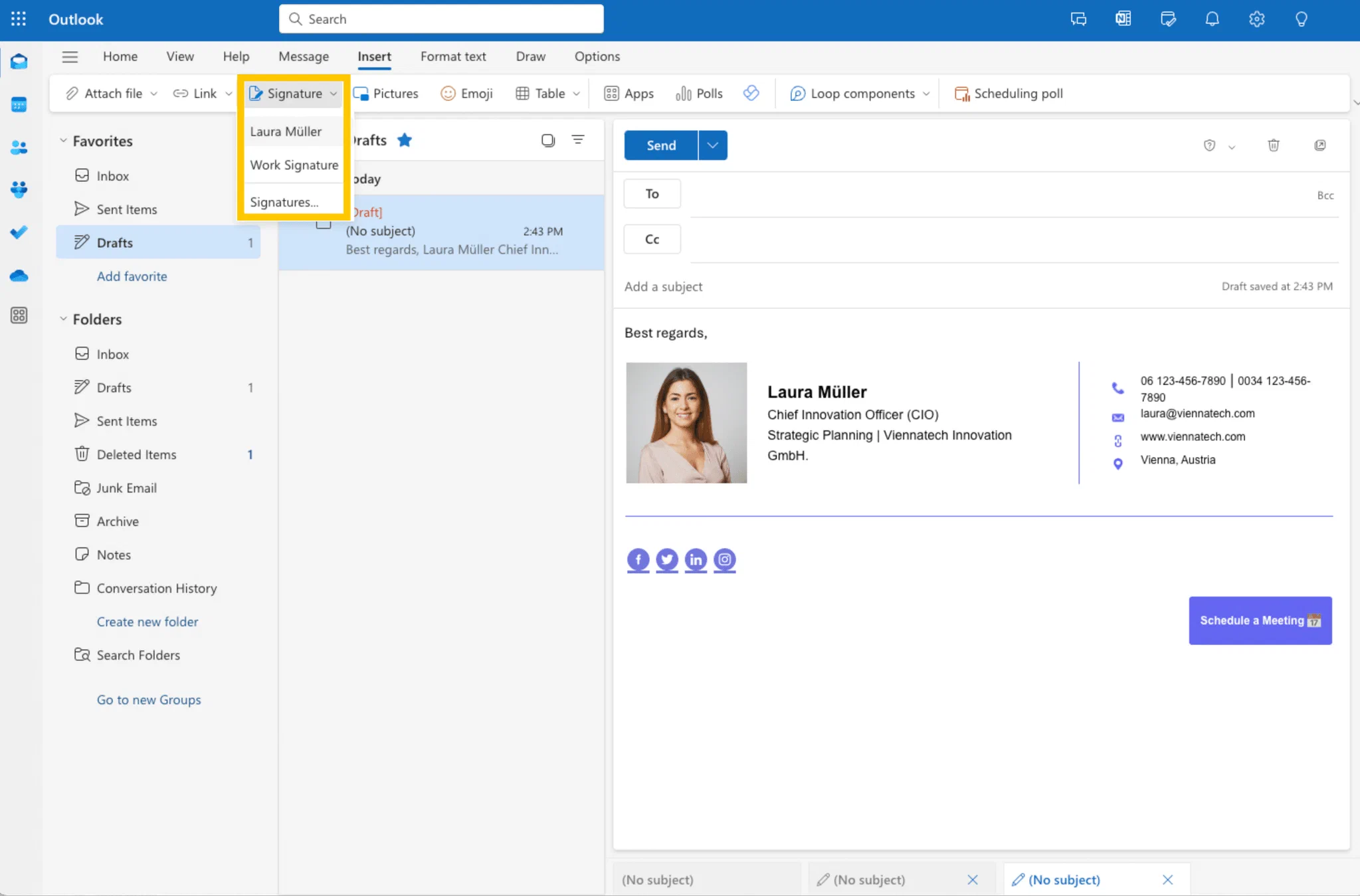 Insert a signature in an Outlook email Signature menu in the Outlook compose toolbar with saved signatures