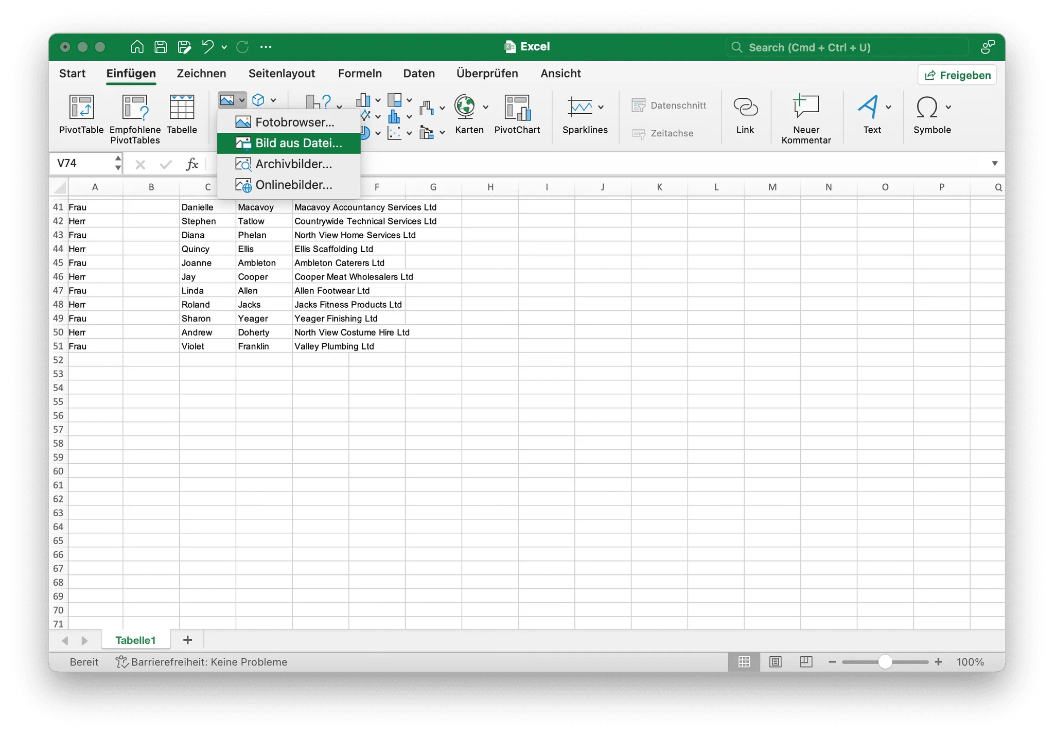 Unterschrift als Bild in Excel einfügen über Einfügen > Bilder