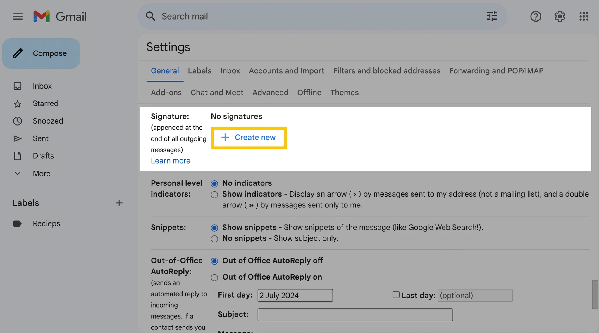 Creating a new signature in Gmail Create new button in the Gmail signature settings