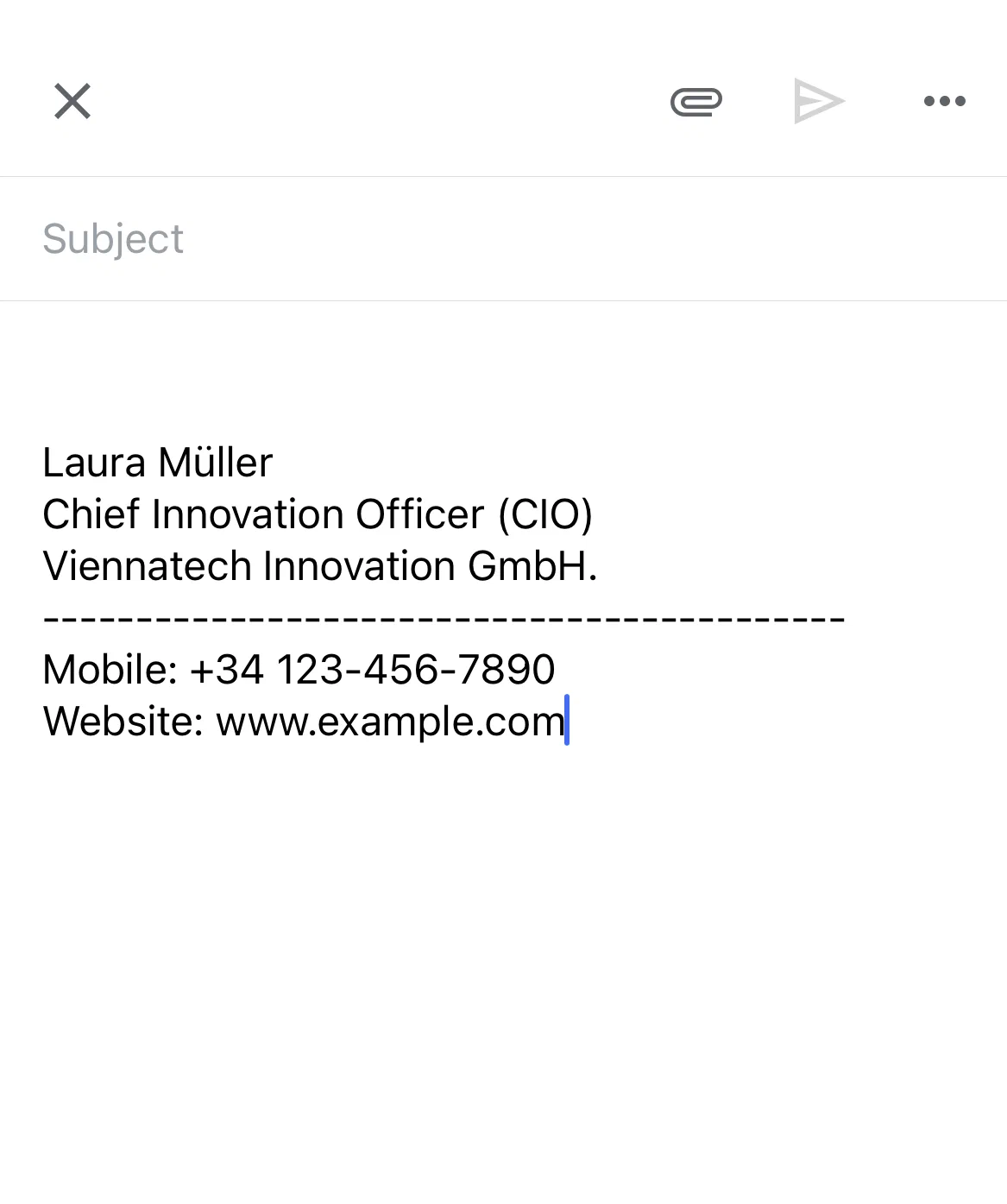 Email signature example in the Gmail app Plain-text email signature sent from the Gmail app
