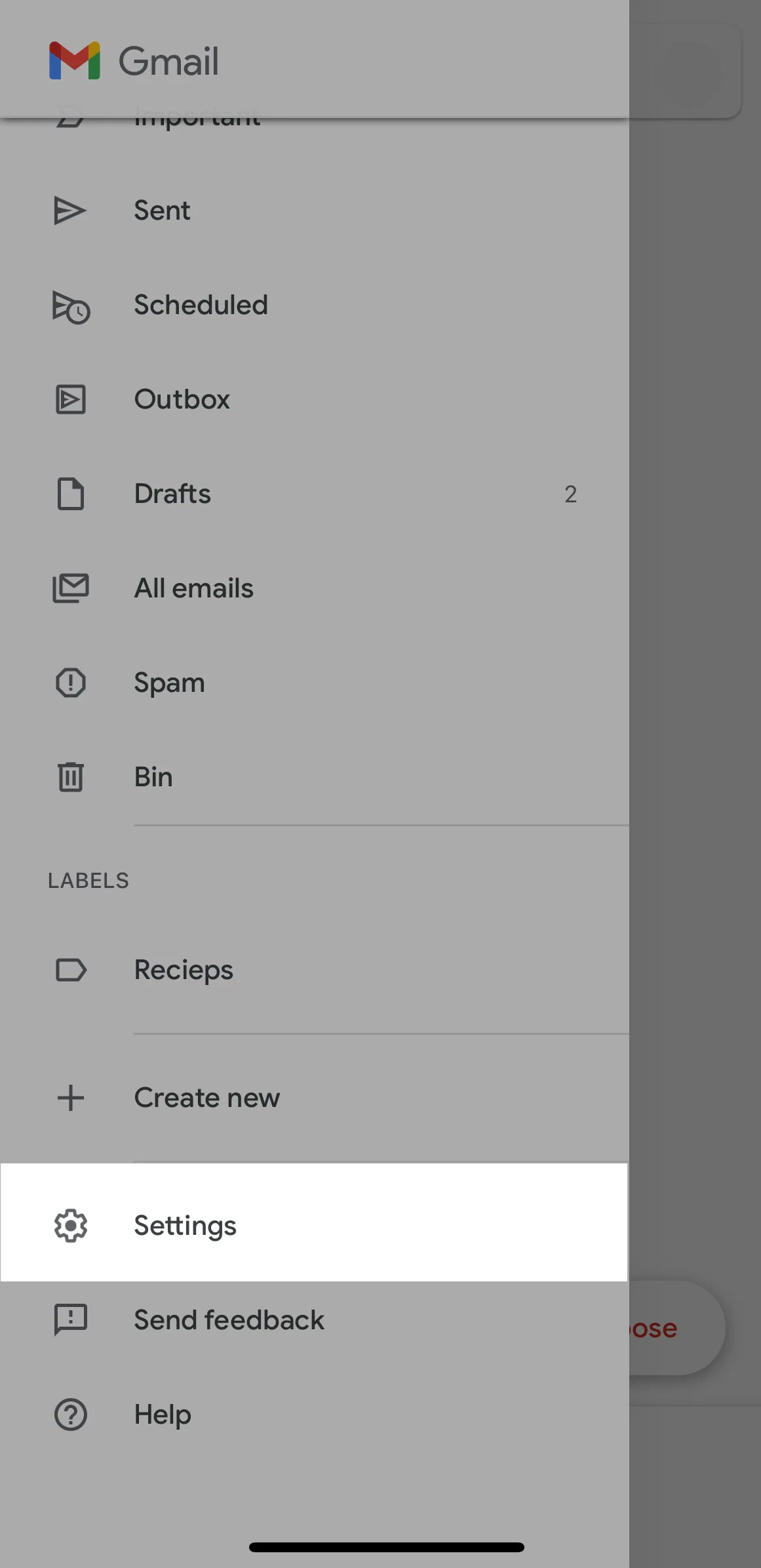 Gmail app settings Settings in the Gmail mobile app menu