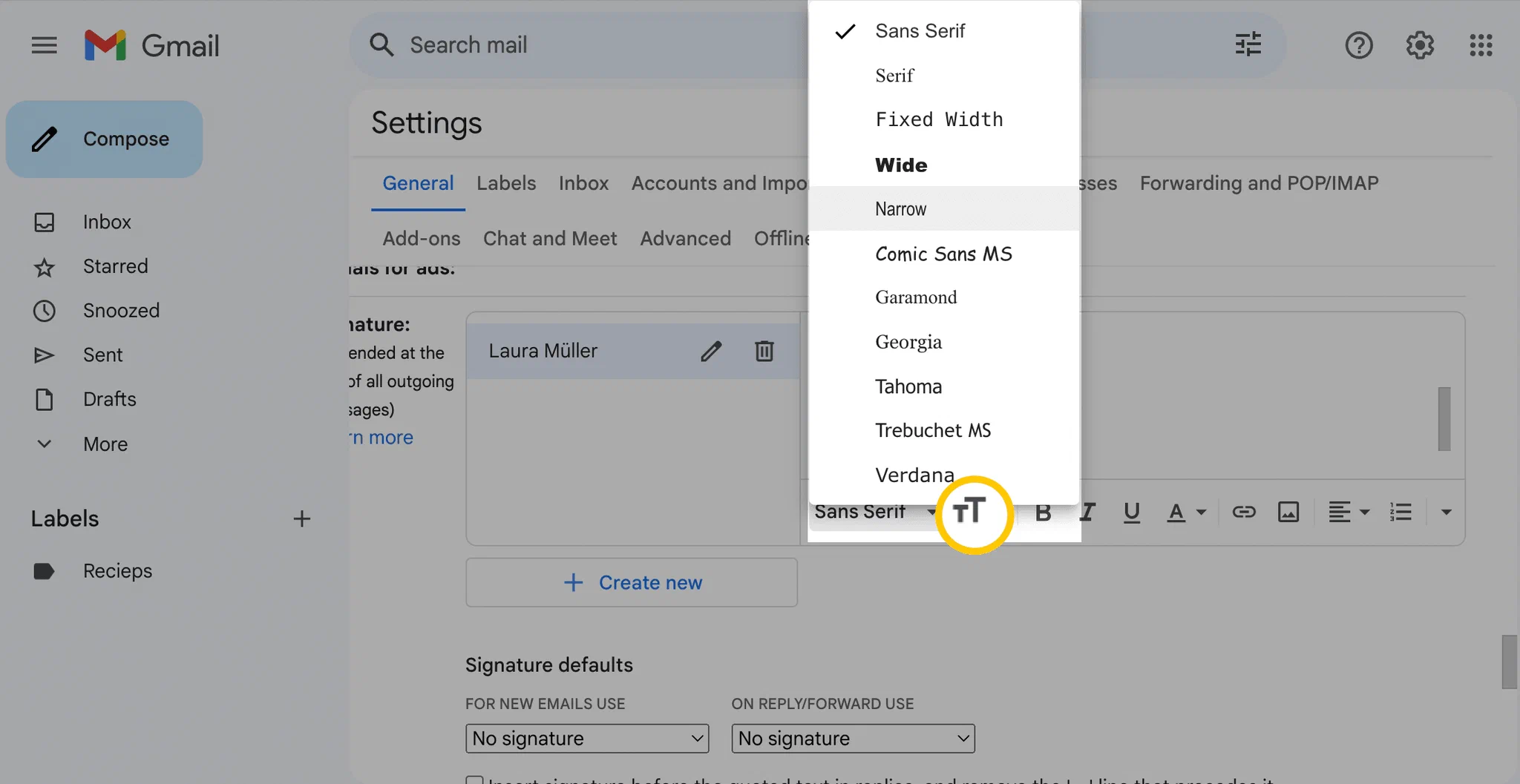 Gmail signature font options Font options in the Gmail signature editor