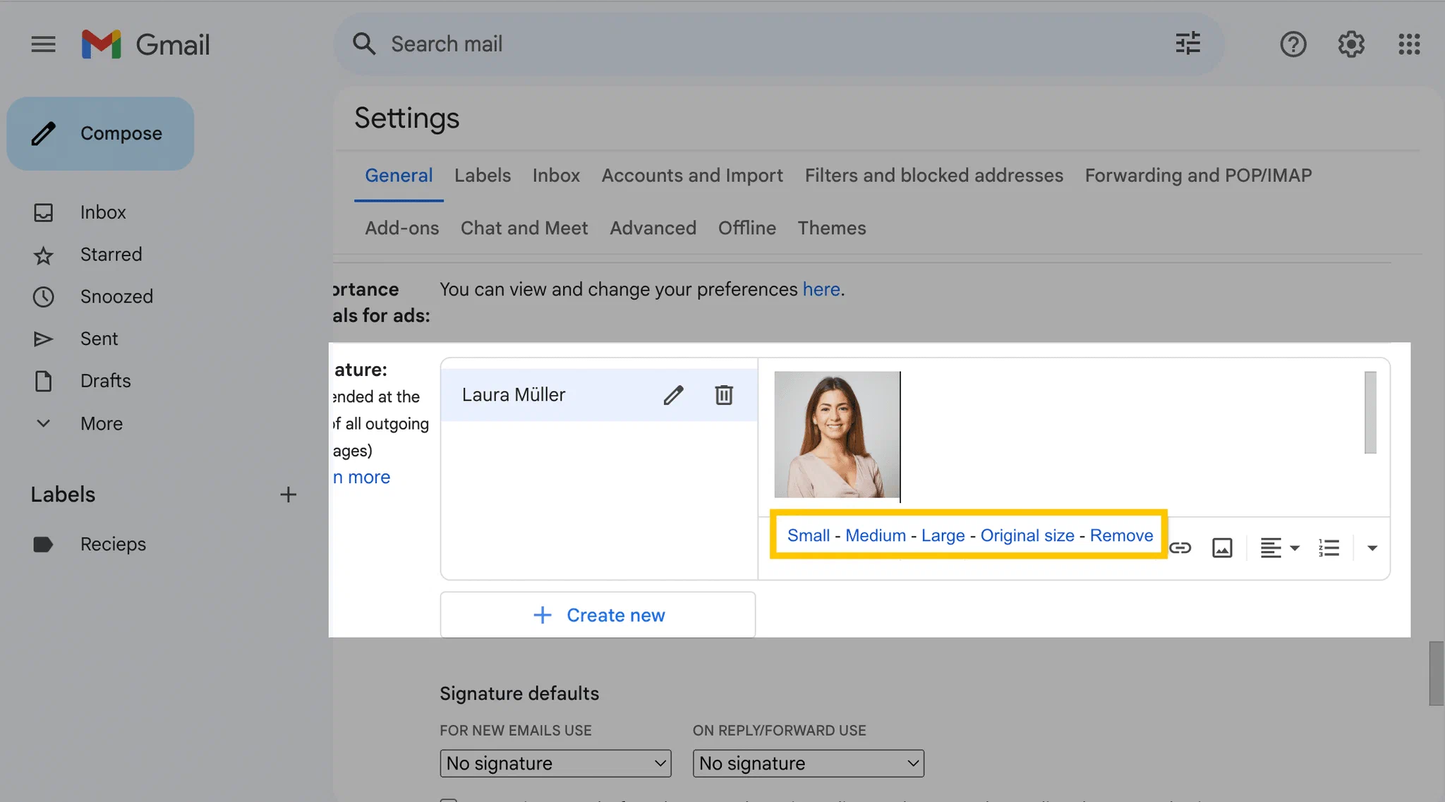 Image editing options in Gmail signature Image size options in the Gmail signature editor