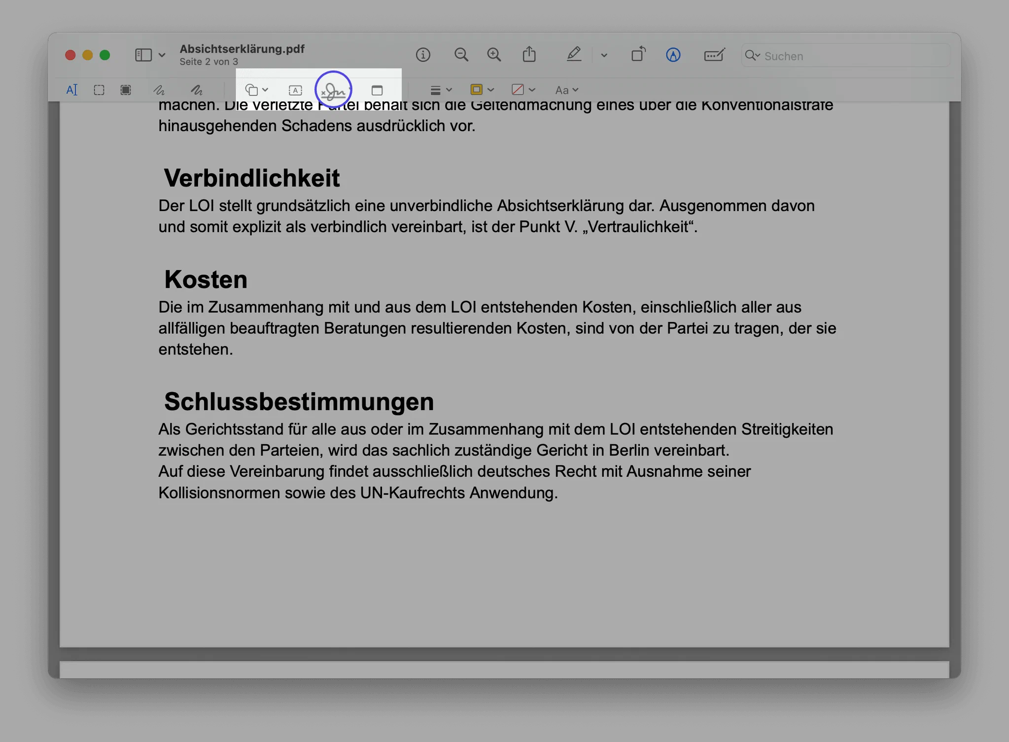 Markierungswerkzeuge und Taste „Unterschreiben“ in Vorschau Markierungswerkzeuge und Taste „Unterschreiben“ in der Vorschau-App auf dem Mac