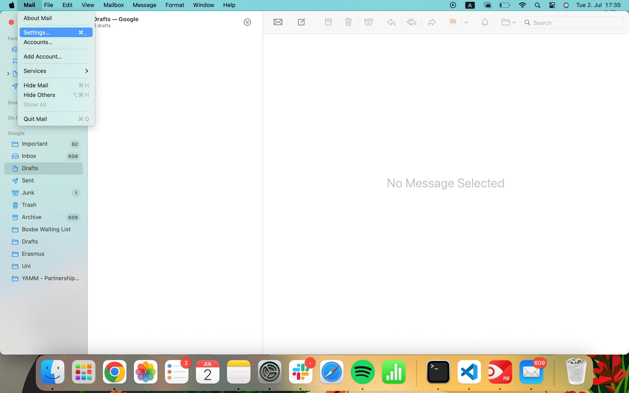 Mail app settings on Mac Mail settings in the Mail menu on a Mac