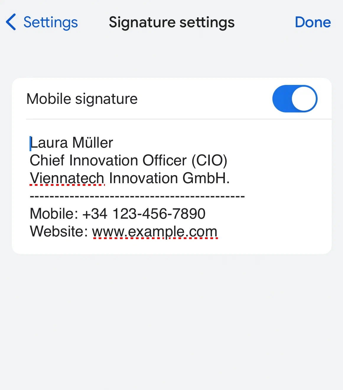 Mobile signature toggle in the Gmail app Mobile Signature toggle in the Gmail app