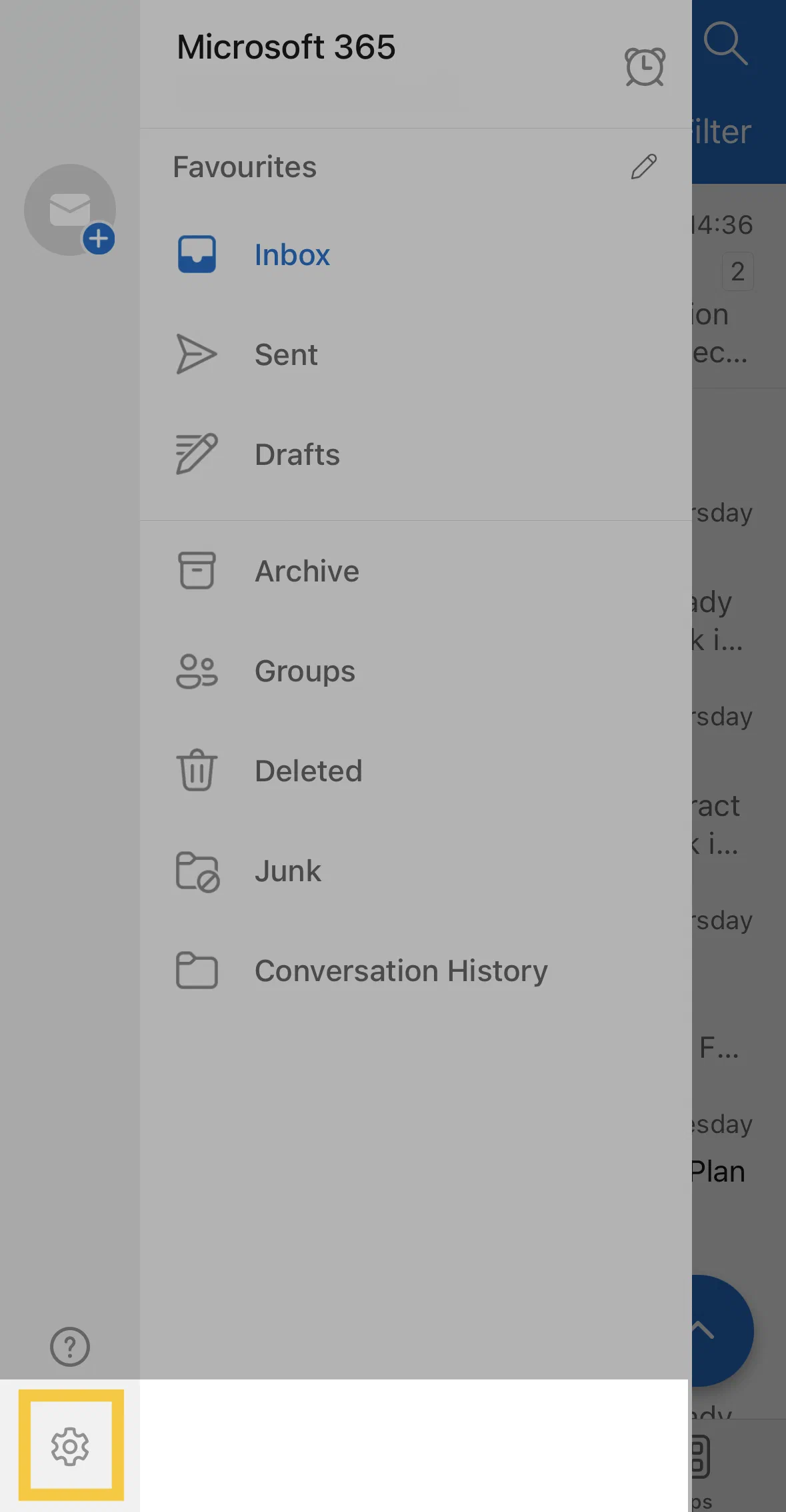 Outlook settings in the mobile app Gear icon to open settings in the Outlook mobile app