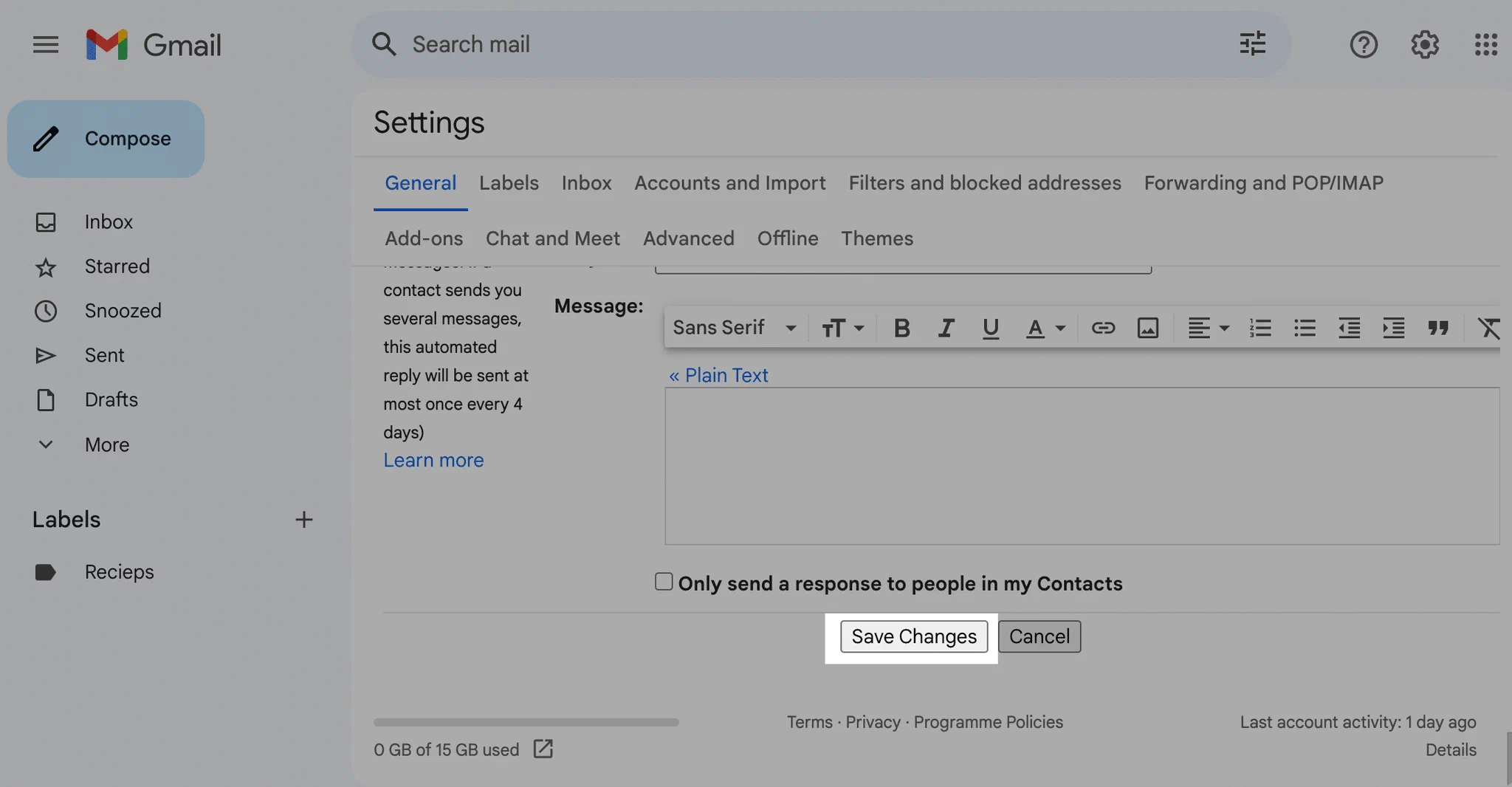 Saving changes in Gmail settings Save Changes button in Gmail settings