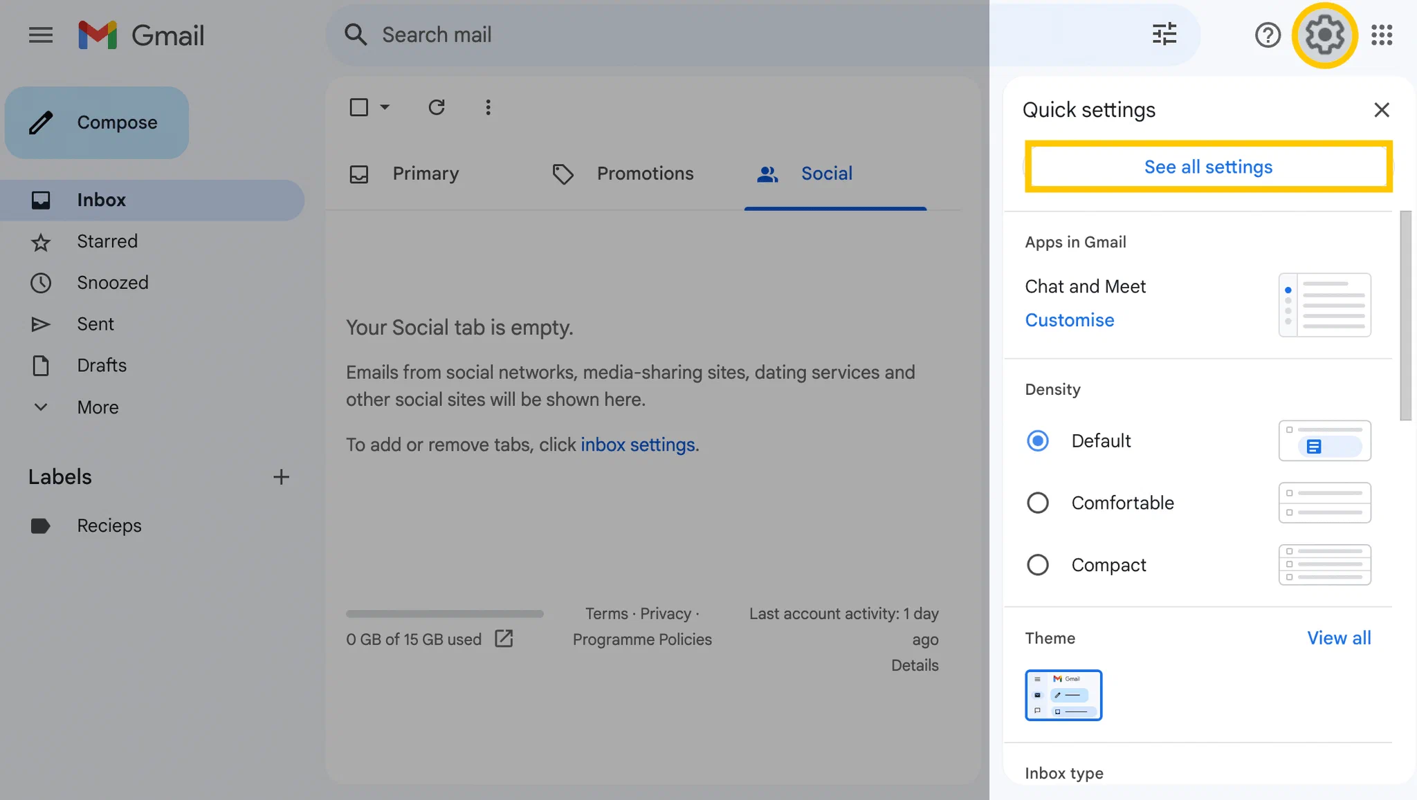 Settings button in Gmail Settings button in Gmail