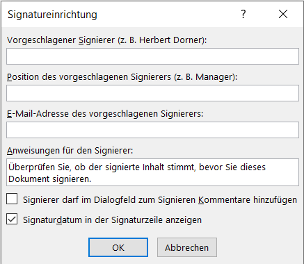 Dialogfeld Signatureinrichtung in Word
