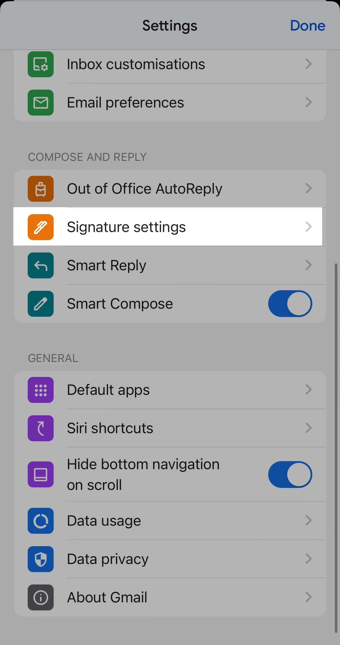 Signature settings in the Gmail app Signature settings in the Gmail app on iPhone