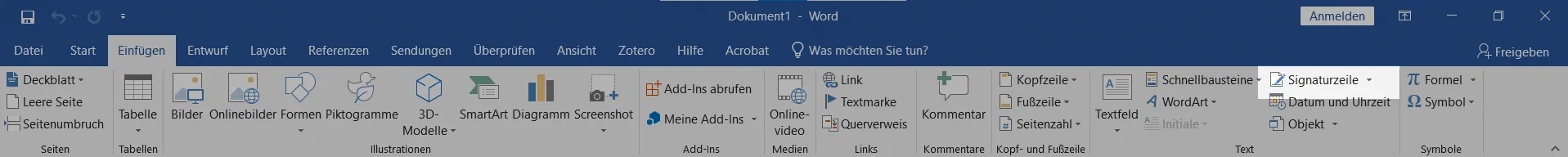 Einfügen > Signaturzeile in Word für Windows
