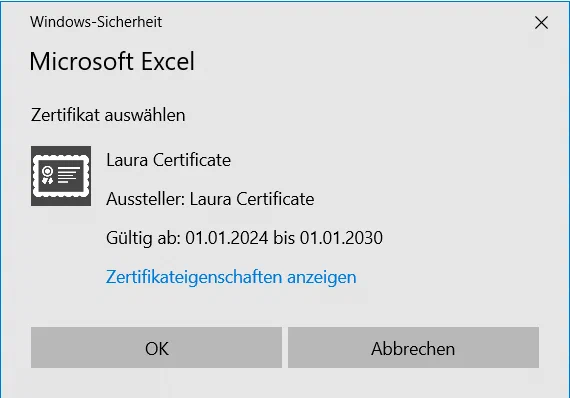 Digitales Zertifikat in Microsoft Excel auswählen