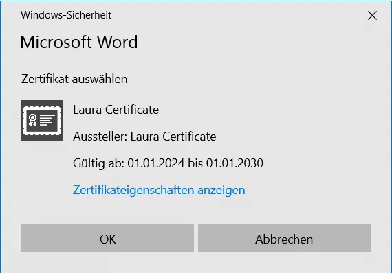Digitales Zertifikat in Microsoft Word auswählen