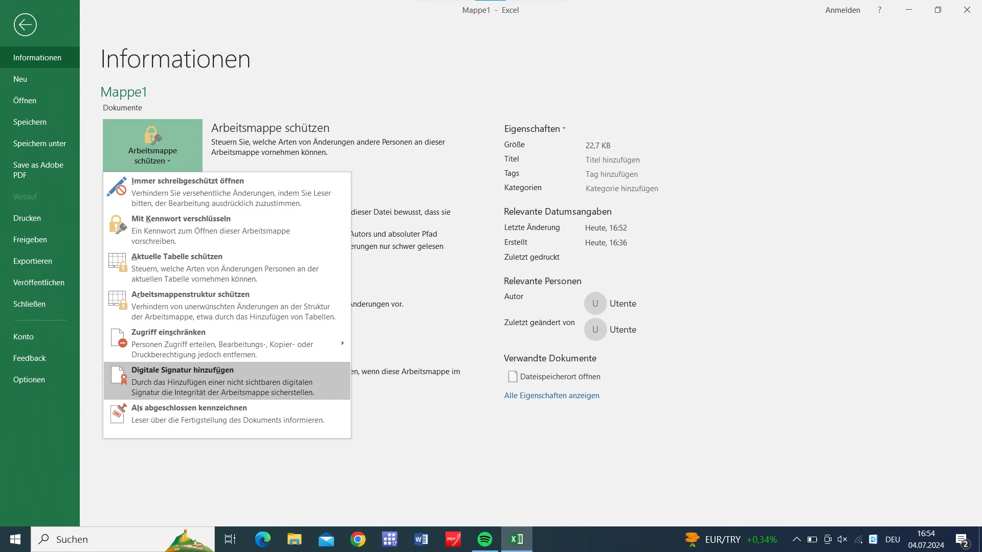 Unsichtbare digitale Signatur in Excel über Datei > Informationen > Arbeitsmappe schützen hinzufügen