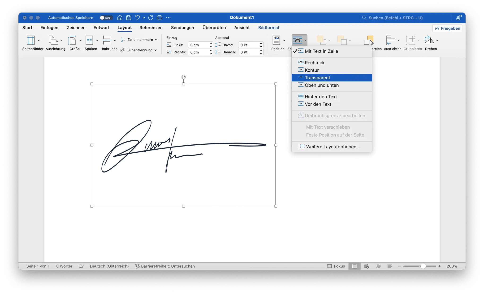 Unterschrift in Word mit der Option Textumbruch verschieben
