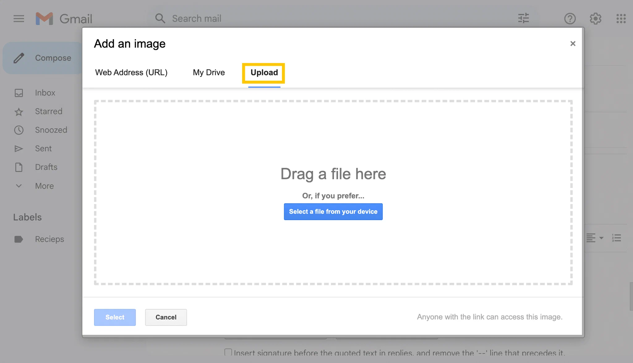 Upload an image to your Gmail signature Add an image dialog in Gmail with Upload, My Drive and Web Address options