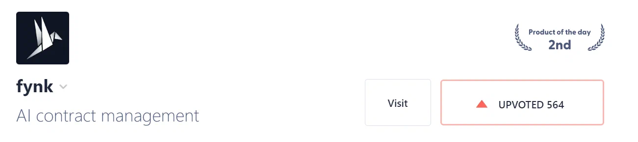 Screenshot der ProductHunt Seite für fynk, welche die zweite Platzierung zeigt