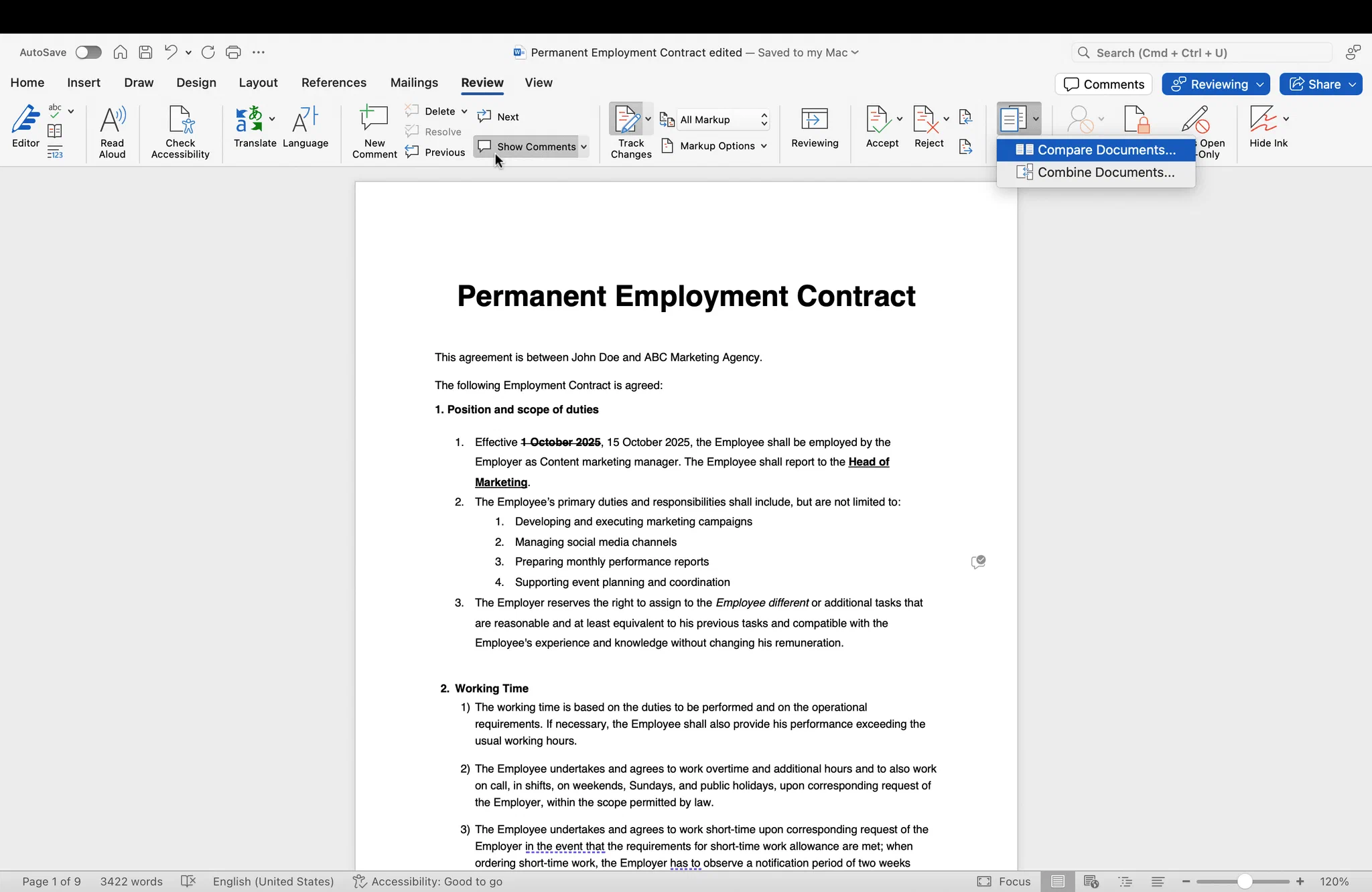 Vergleichsoptionen in MS Word