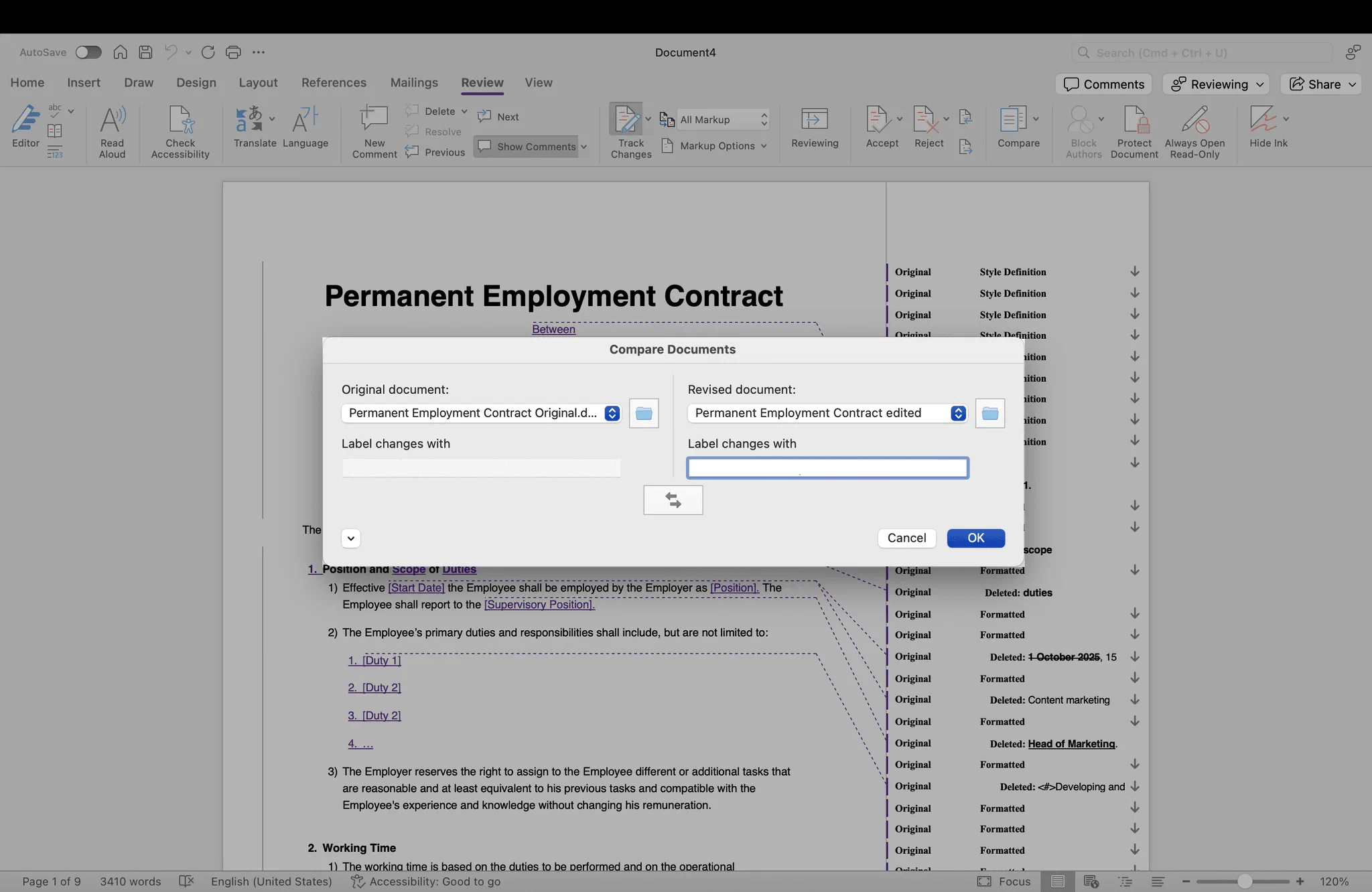 Compare Documents dialog in Word with Original document and Revised document fields