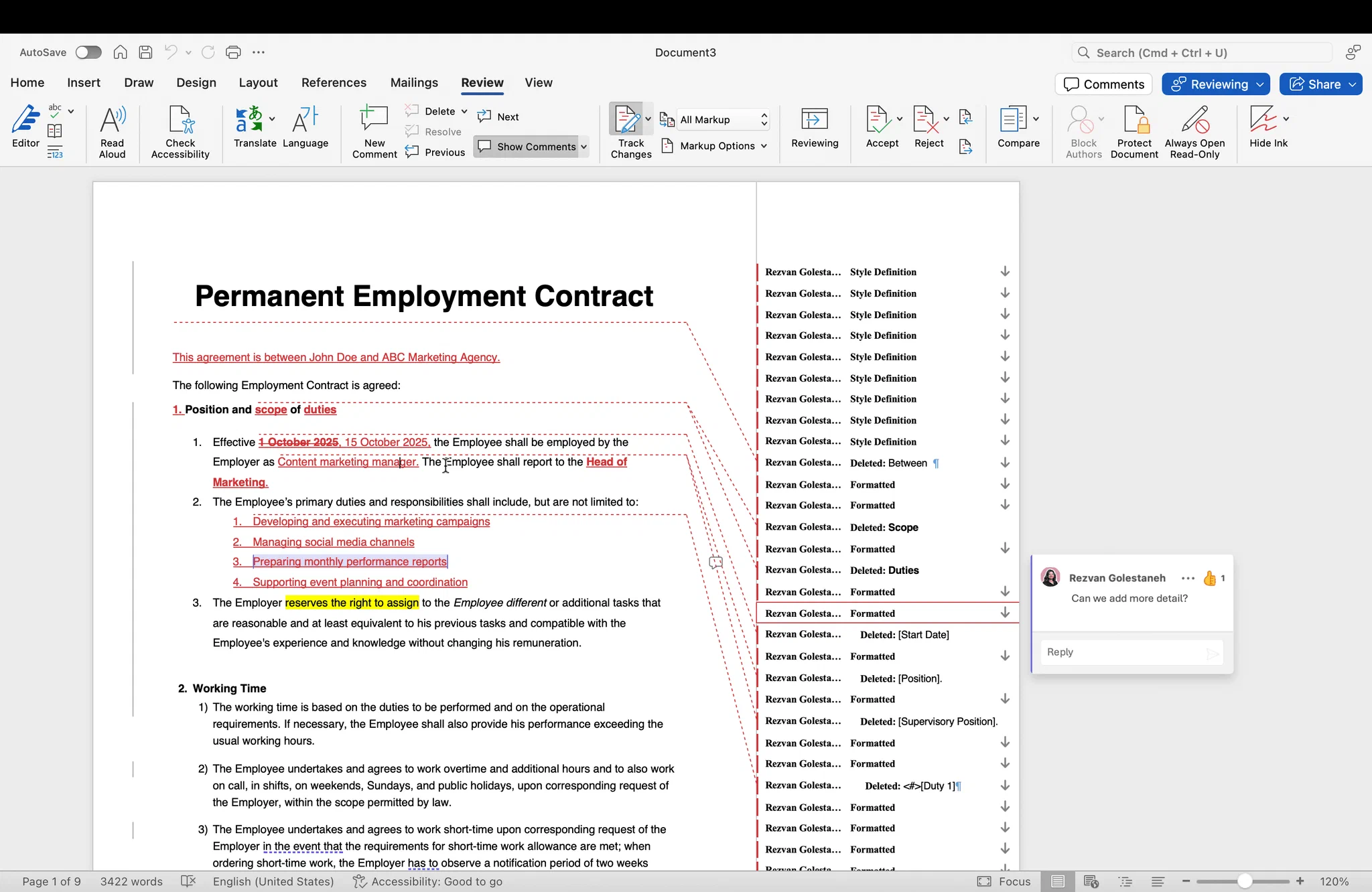 Comparison result in Word showing the redline between an original and a revised contract