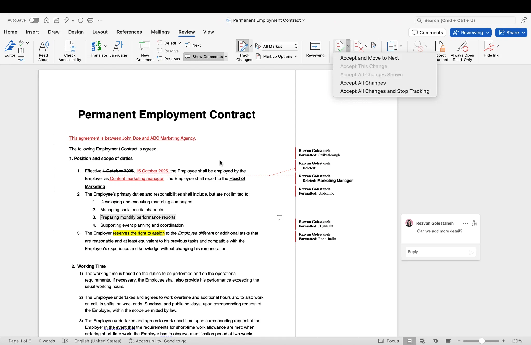 Accept drop-down in Word with Accept and Move to Next, Accept All Changes and Accept All Changes and Stop Tracking