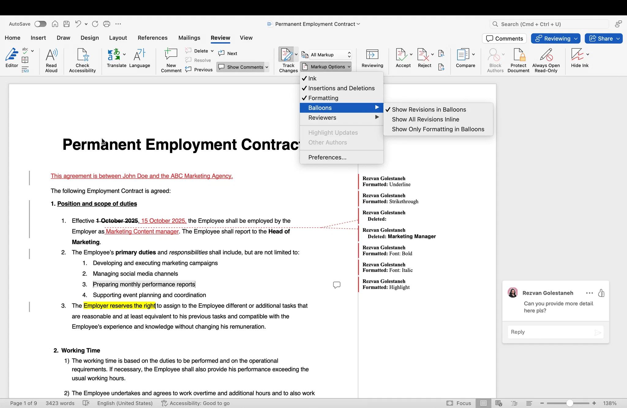 Markup-Optionen für Redlining in MS Word