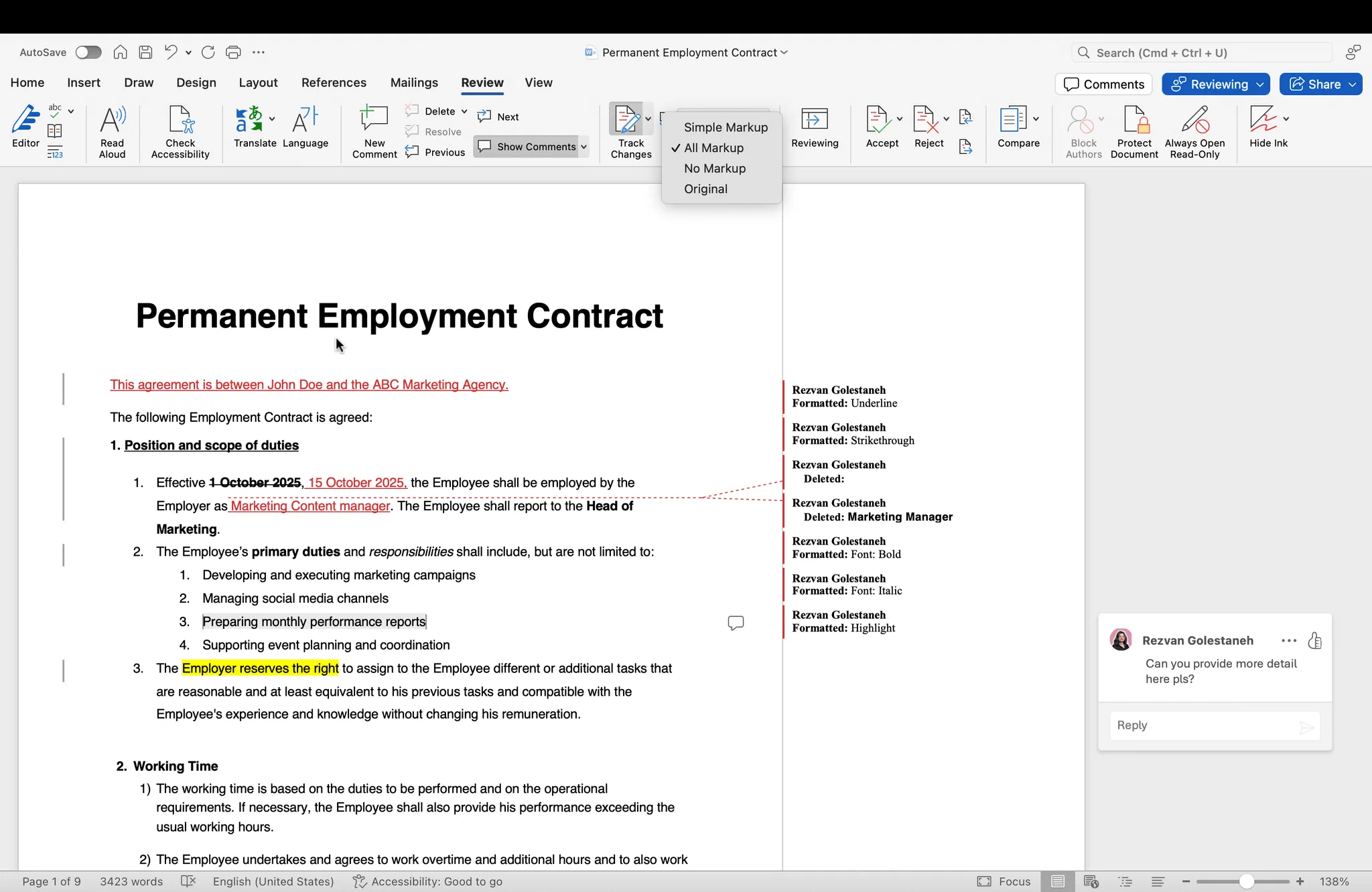 Anzeigeoptionen beim Redlining in MS Word
