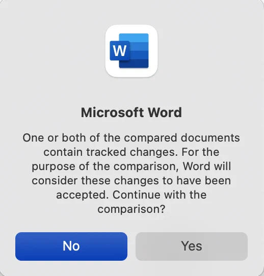 Hinweisfenster beim Vergleichen von Dokumenten in MS Word