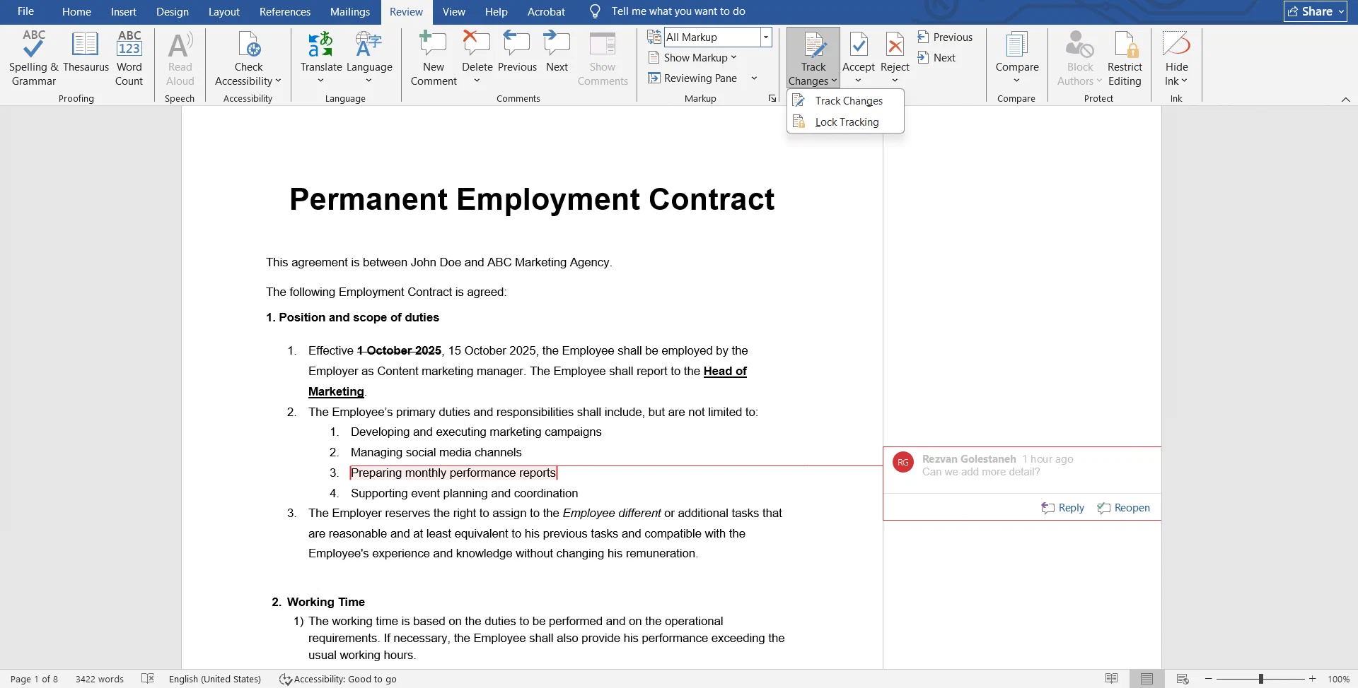 Review tab in Word for Windows with the Track Changes menu open, showing Track Changes and Lock Tracking