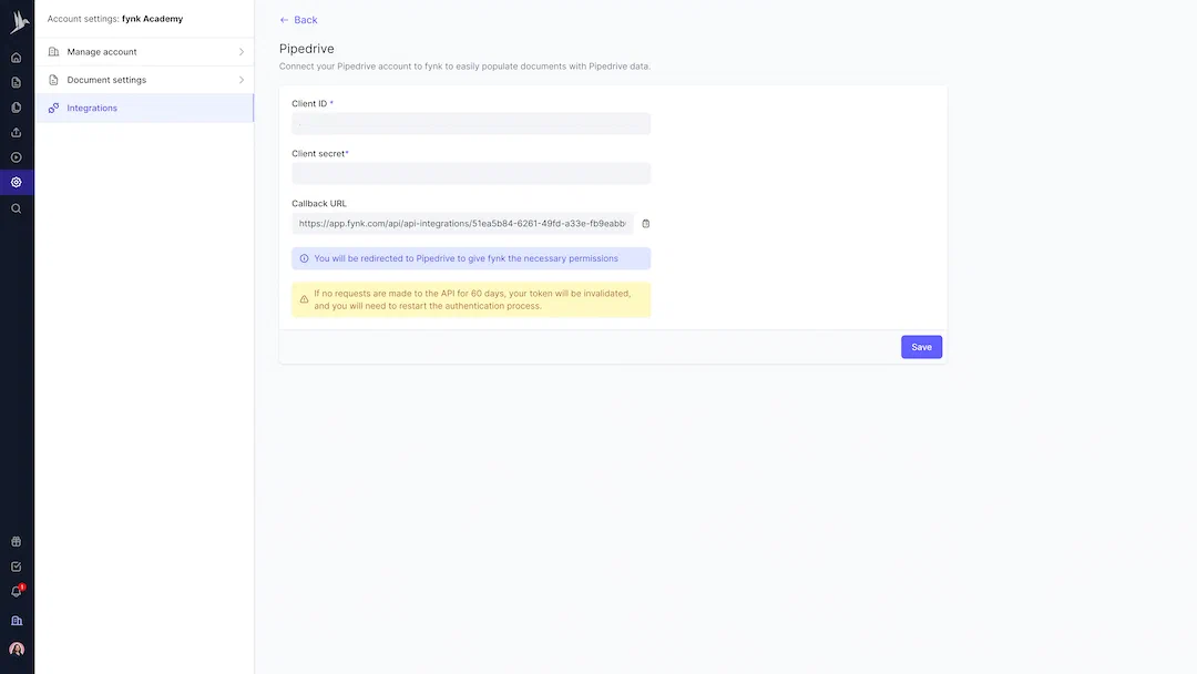 Pipedrive-Integrationseinstellungen in fynk Pipedrive-Integrationseinstellungen in fynk