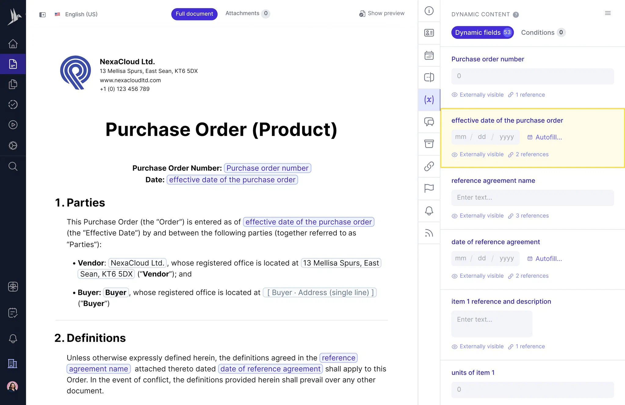 Purchase order template form in fynk