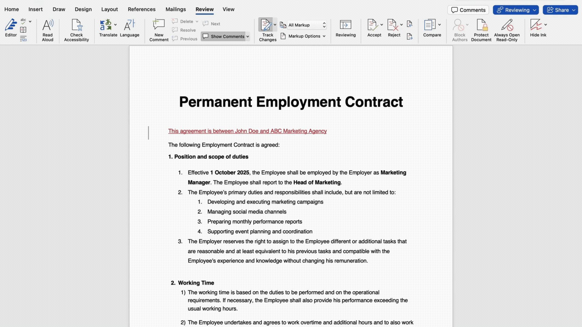 Animation of tracked insertions and deletions appearing in a Word document
