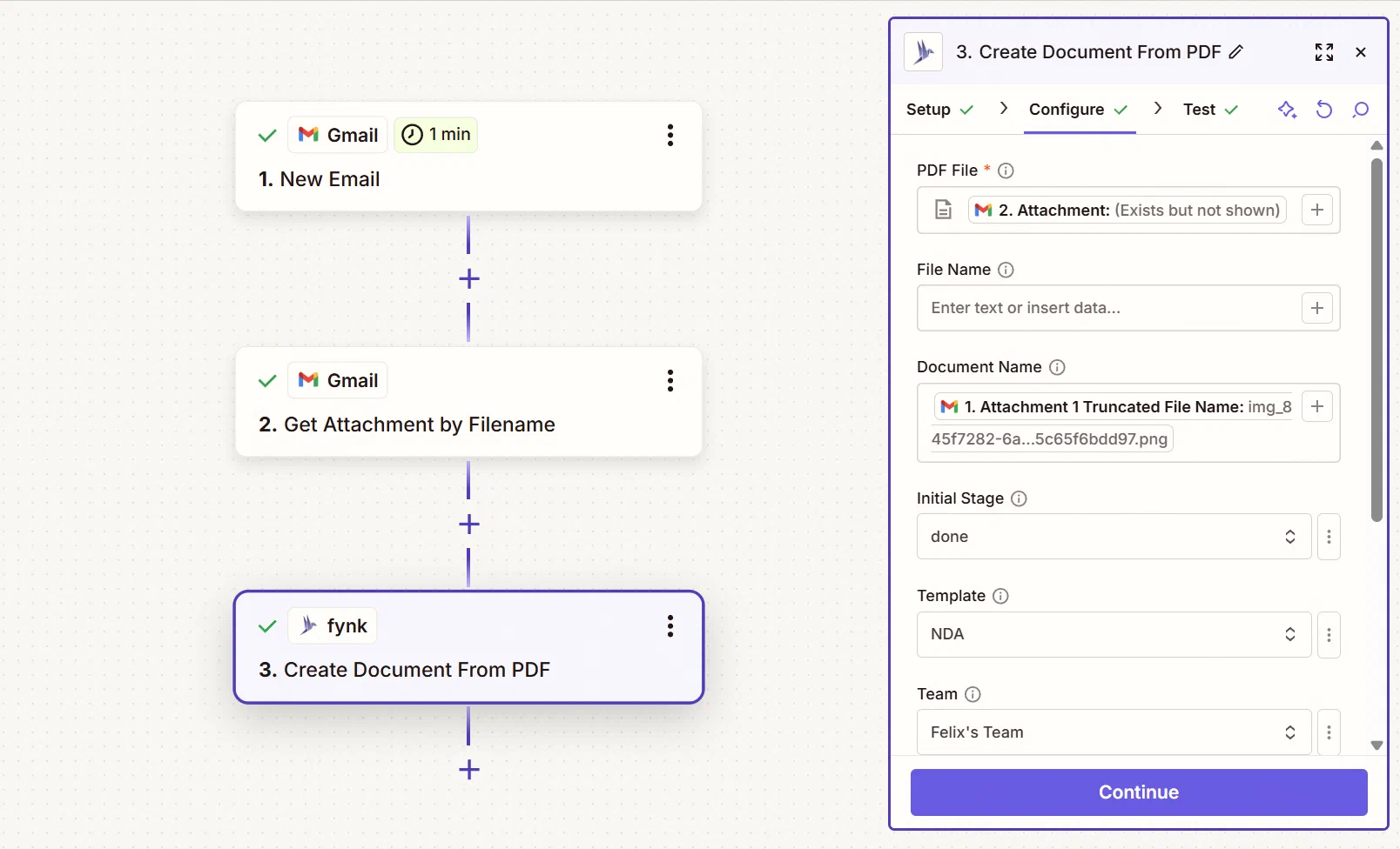 Screenshot of the Create Document From PDF step configuration