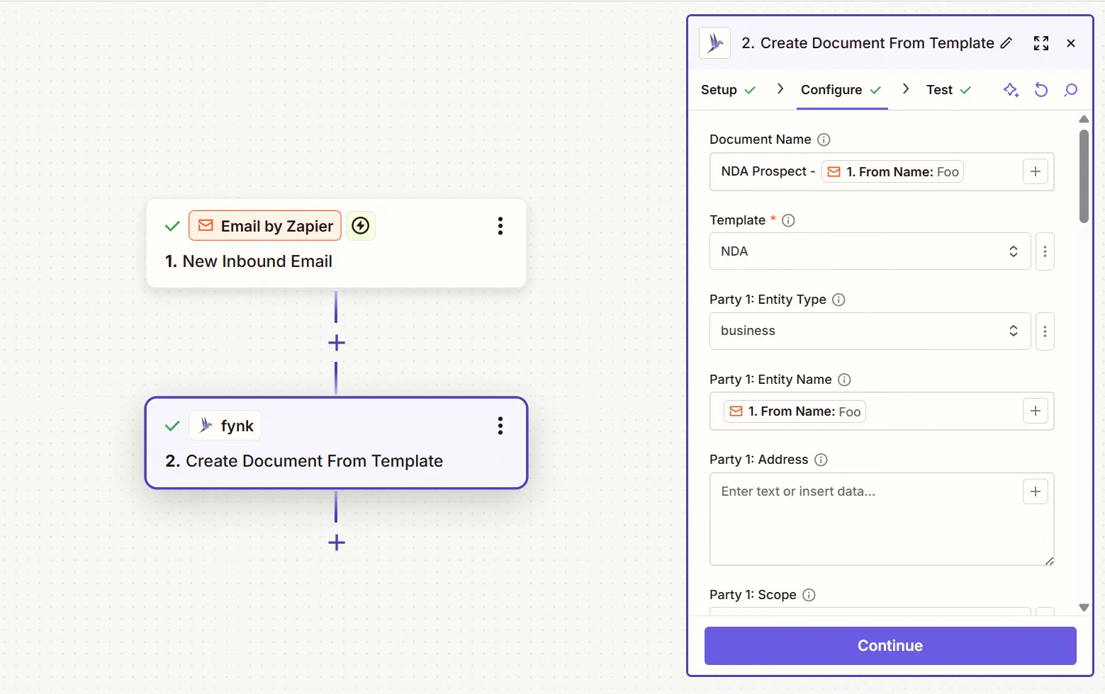 Screenshot of the Create Document From Template step configuration