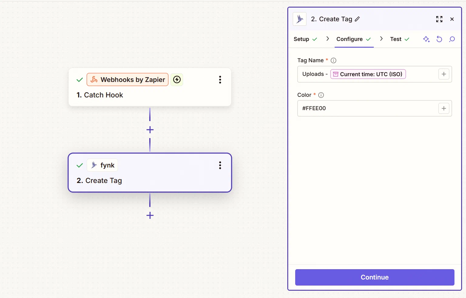 Screenshot of the Create Tag step configuration