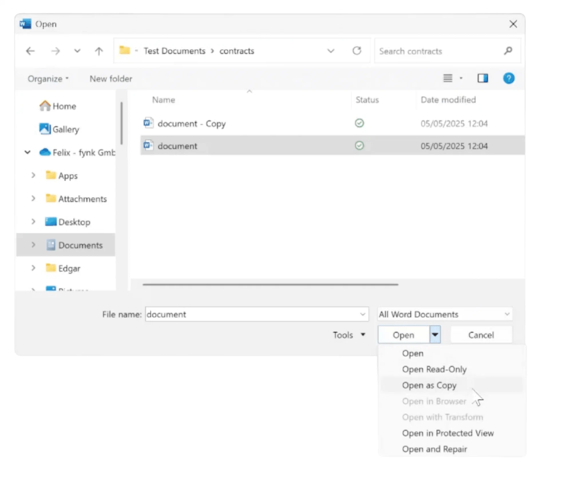 Option Als Kopie öffnen im Öffnen-Dialog von Microsoft Word für Windows