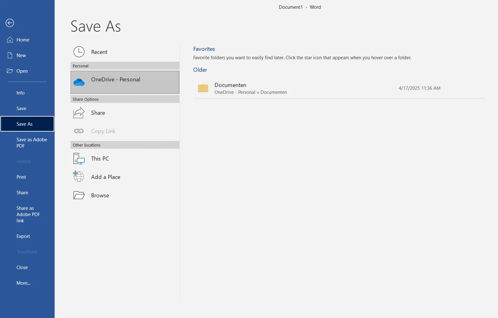 Ansicht Speichern unter in Microsoft Word für Windows mit OneDrive, Dieser PC und Durchsuchen