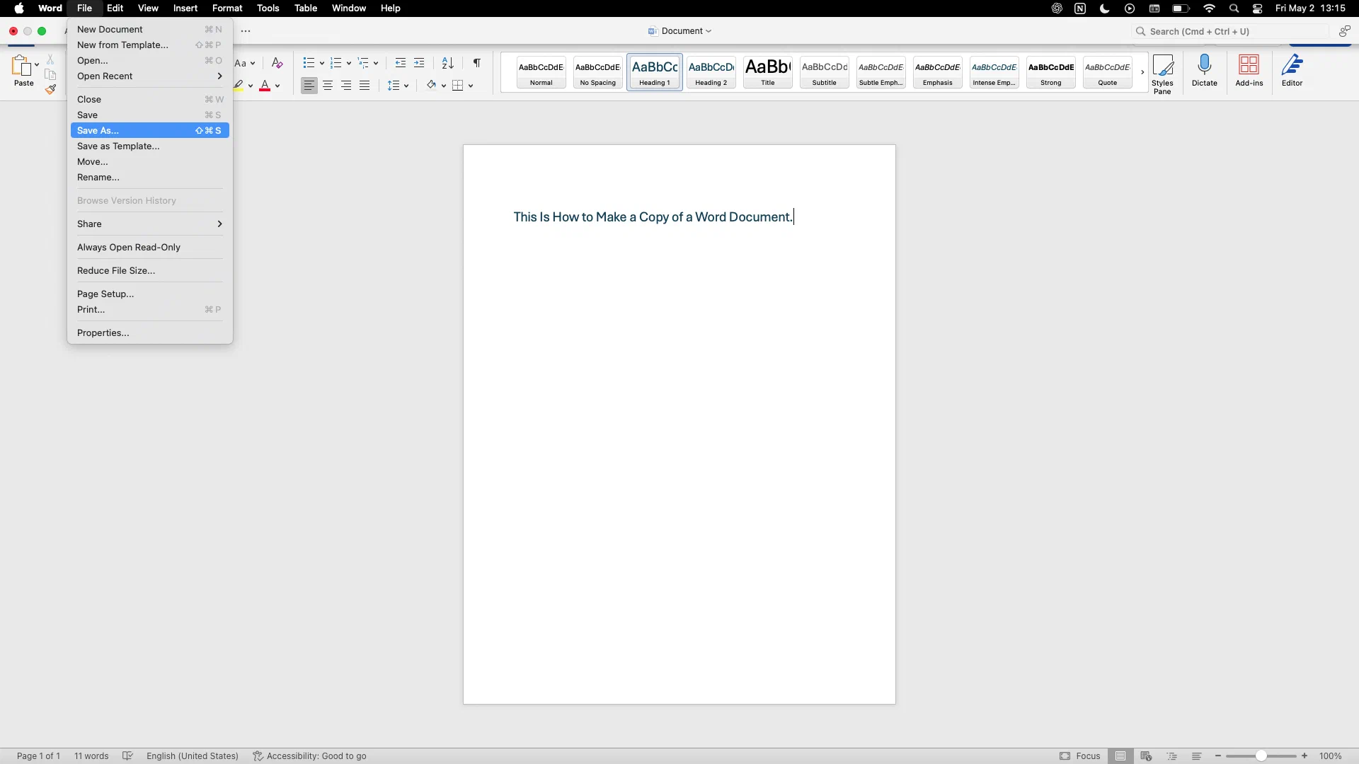 Befehl Speichern unter im Menü Datei von Microsoft Word für Mac