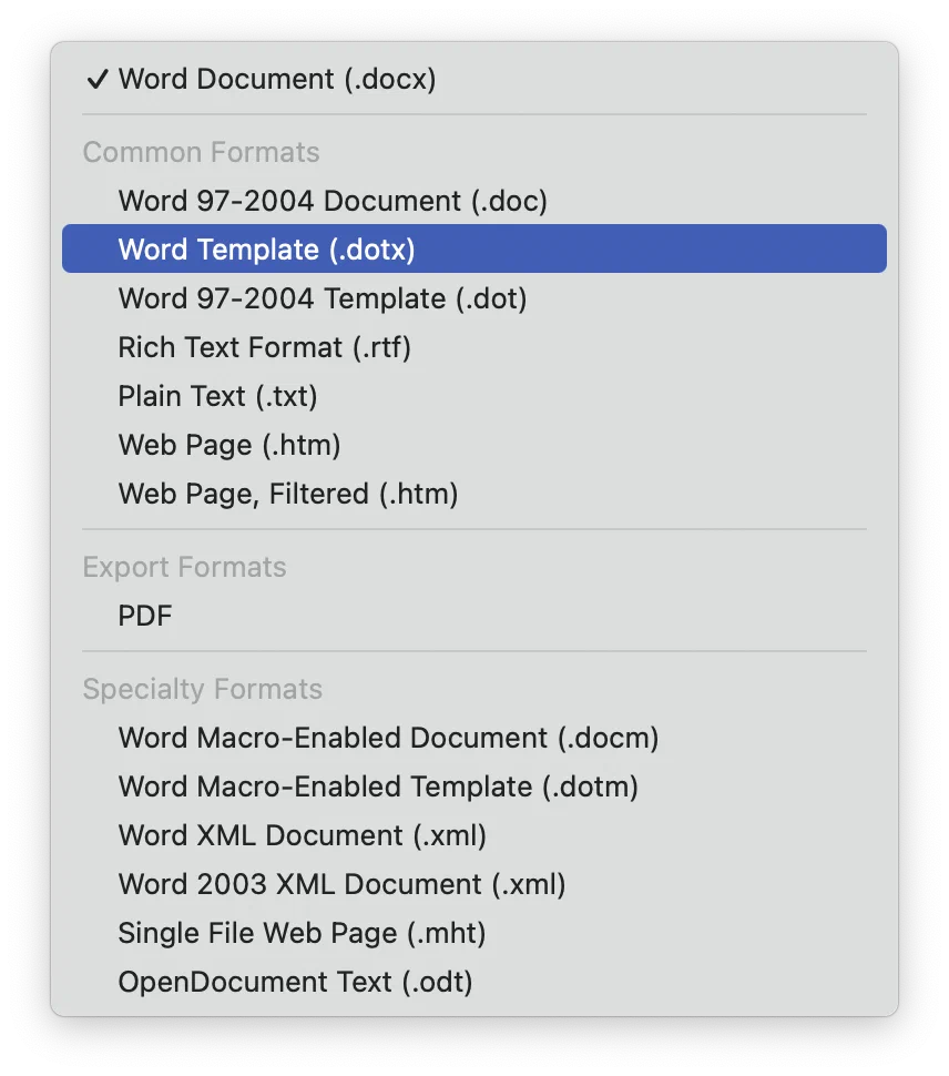 Dateiformat Word-Vorlage (.dotx) in der Formatliste von Word für Mac