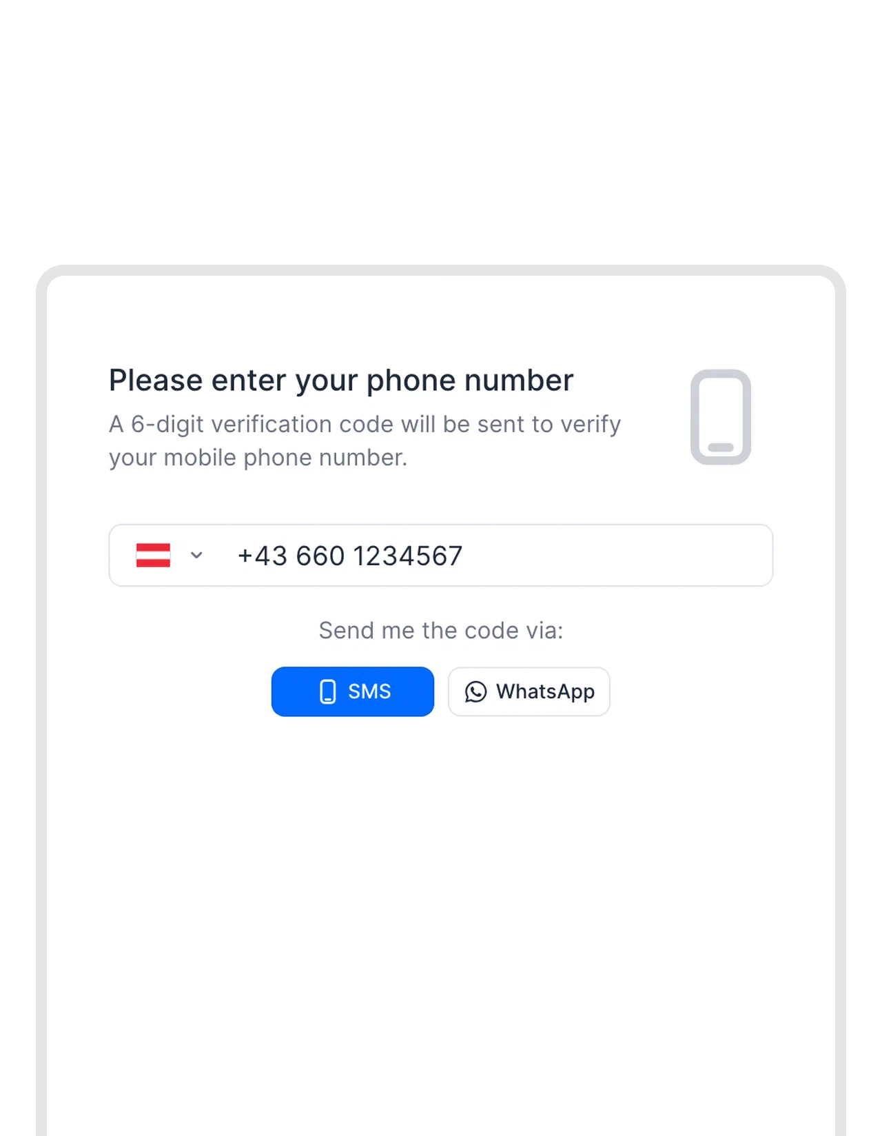 Advanced electronic signature in fynk: confirming with a phone code Advanced electronic signature in fynk: the signer enters their phone number to receive a verification code by SMS or WhatsApp