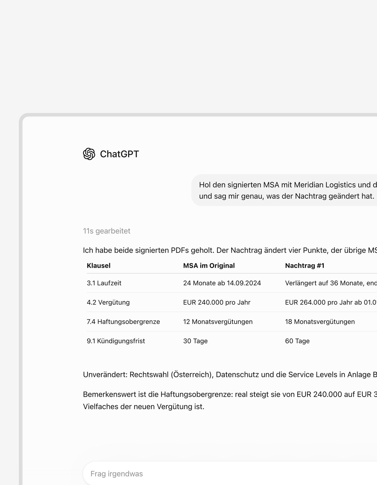Was steht wirklich in Klausel 7? ChatGPT prüft die unterschriebene Fassung.
