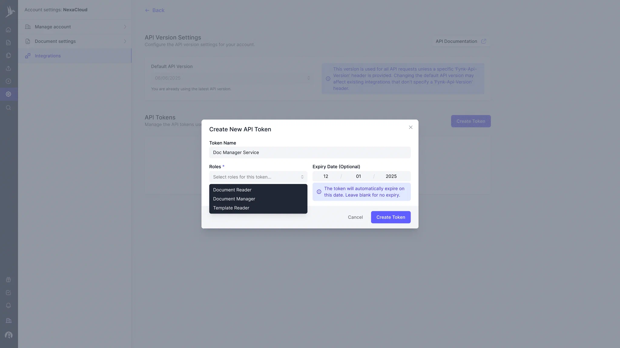 Creating new API token in fynk