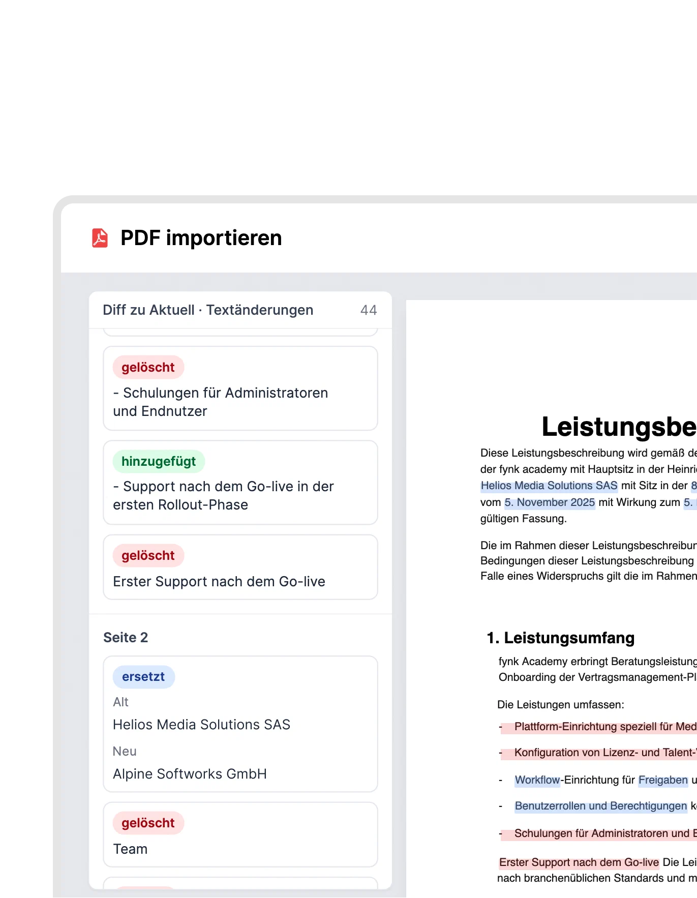 Hinzugefügter, ersetzter und gelöschter Text zwischen zwei Vertragsversionen Vergleich zweier Vertragsversionen in fynk mit einer Liste von hinzugefügtem, ersetztem und gelöschtem Text